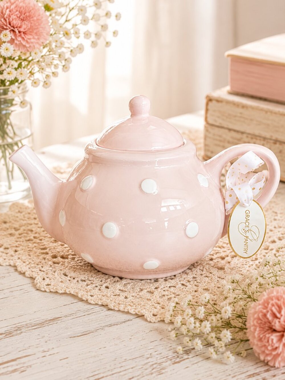 Vintage Pastel Pink & White Polka Dots Teapot